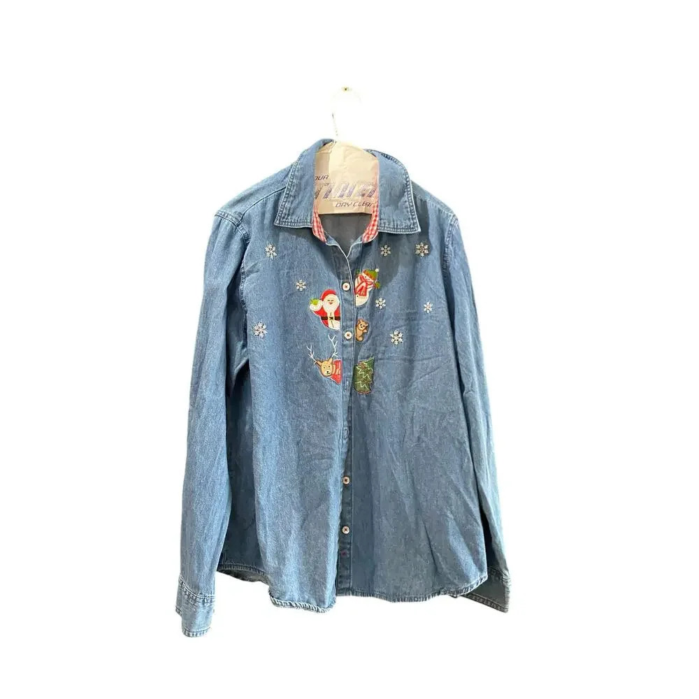 White Stag Blue Denim Christmas Holiday Santa Button Down Shirt Size Large